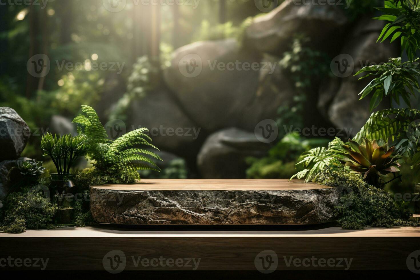 Natural rock stone podium for product display in front of the forest generative by ai photo