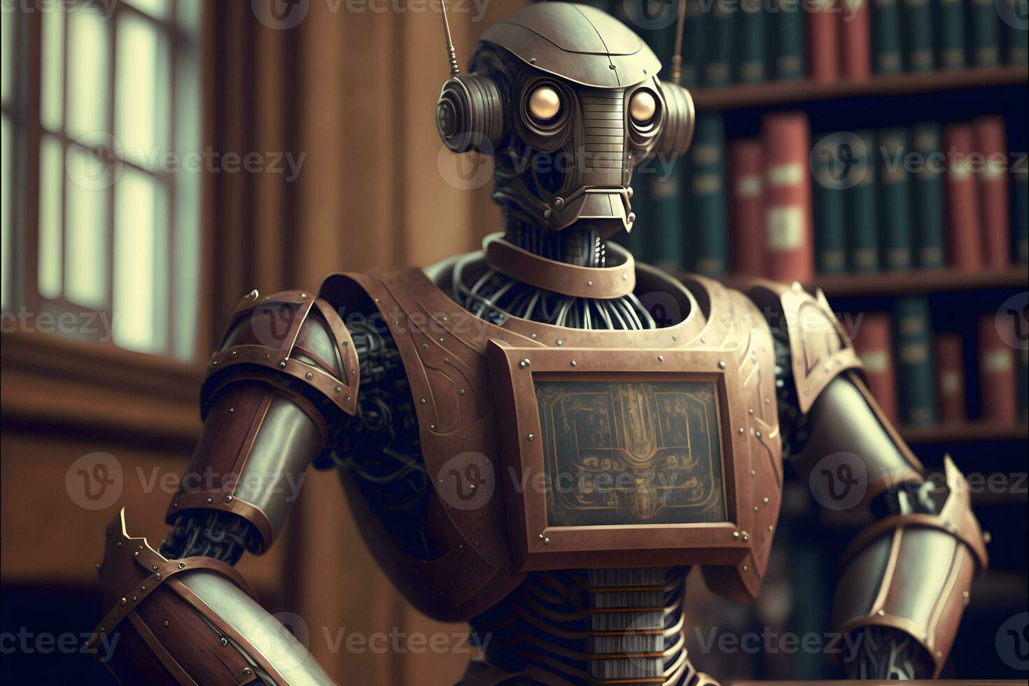 Anthropomorphic robot in human court, neural network generated art, AI law concept photo