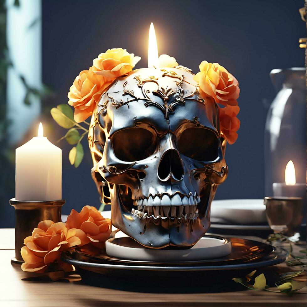 A skull with a flower on it and a candle on the table AI Generated photo