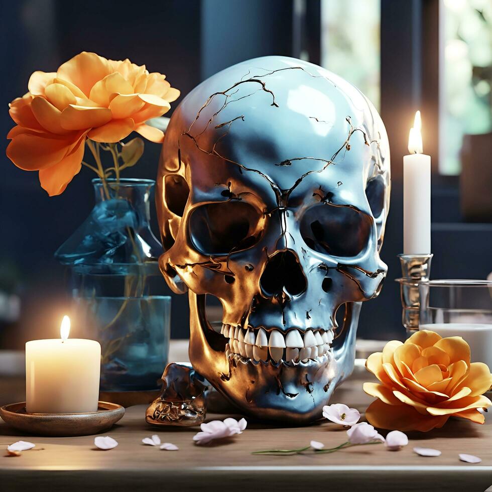 A skull with a flower on it and a candle on the table AI Generated photo