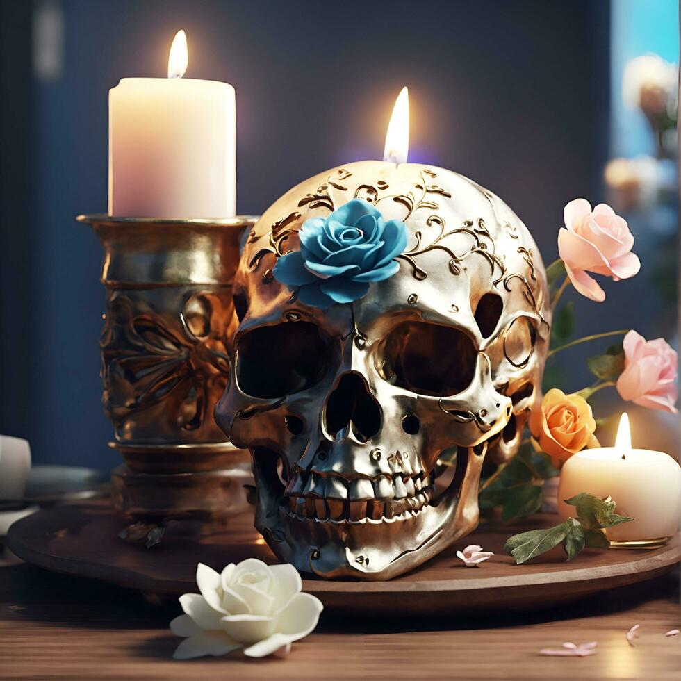 A skull with a flower on it and a candle on the table AI Generated photo