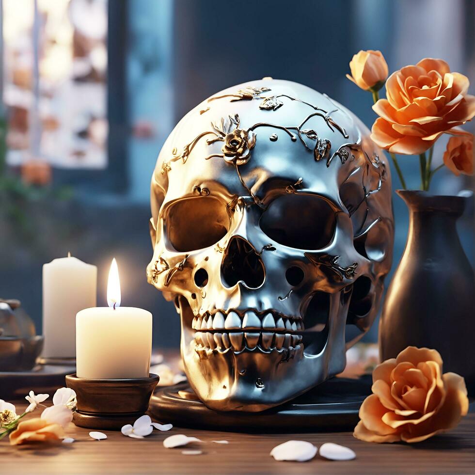 A skull with a flower on it and a candle on the table AI Generated photo