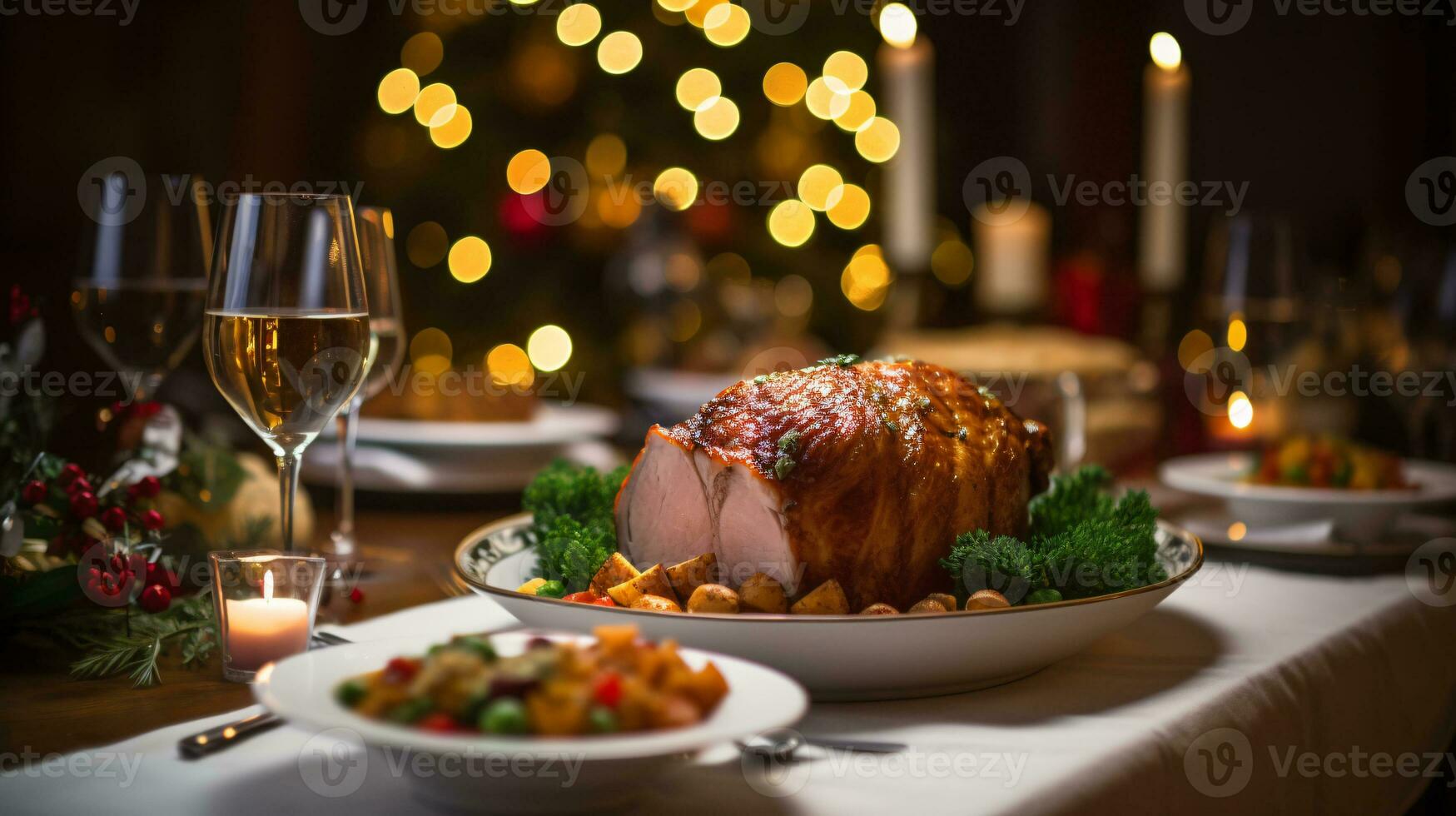 ai generative Christmas Dinner tabletop, beautifully decorated with creamy bokeh christmas lights in the background photo