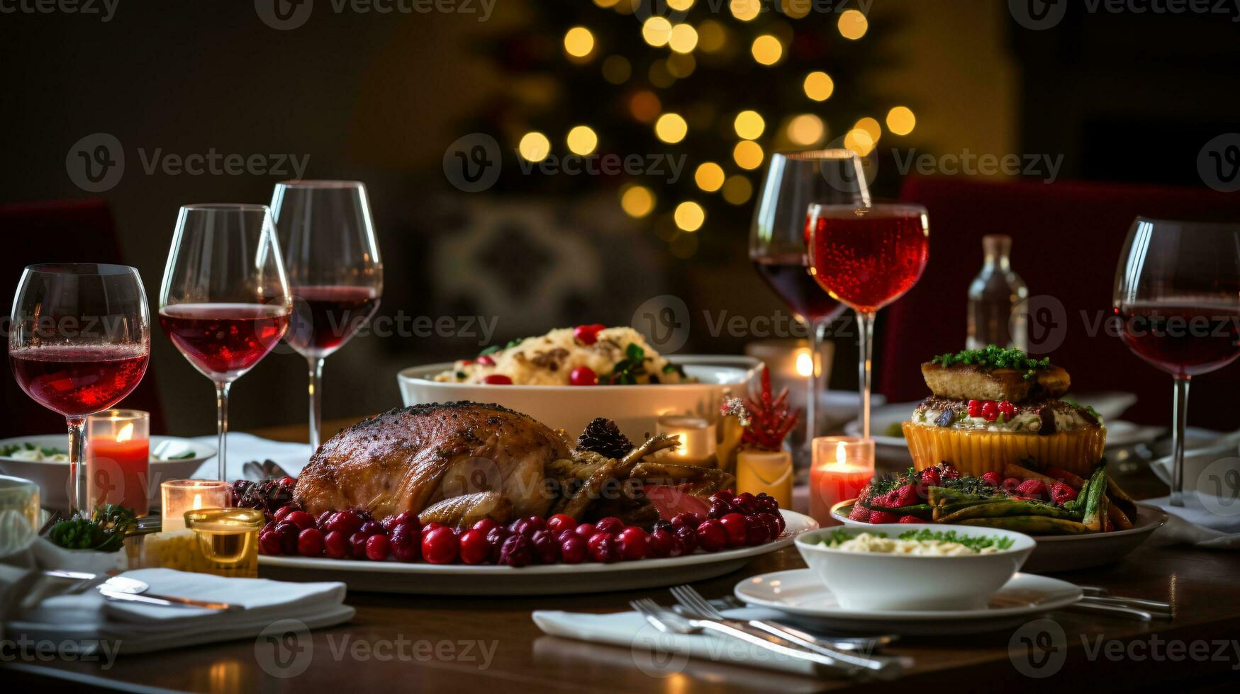 ai generative Christmas Dinner tabletop, beautifully decorated with creamy bokeh christmas lights in the background photo