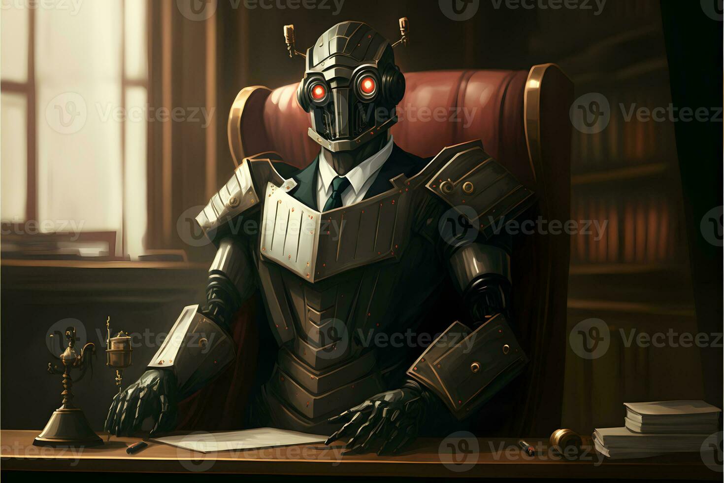 Anthropomorphic robot in human court, neural network generated art, AI law concept photo