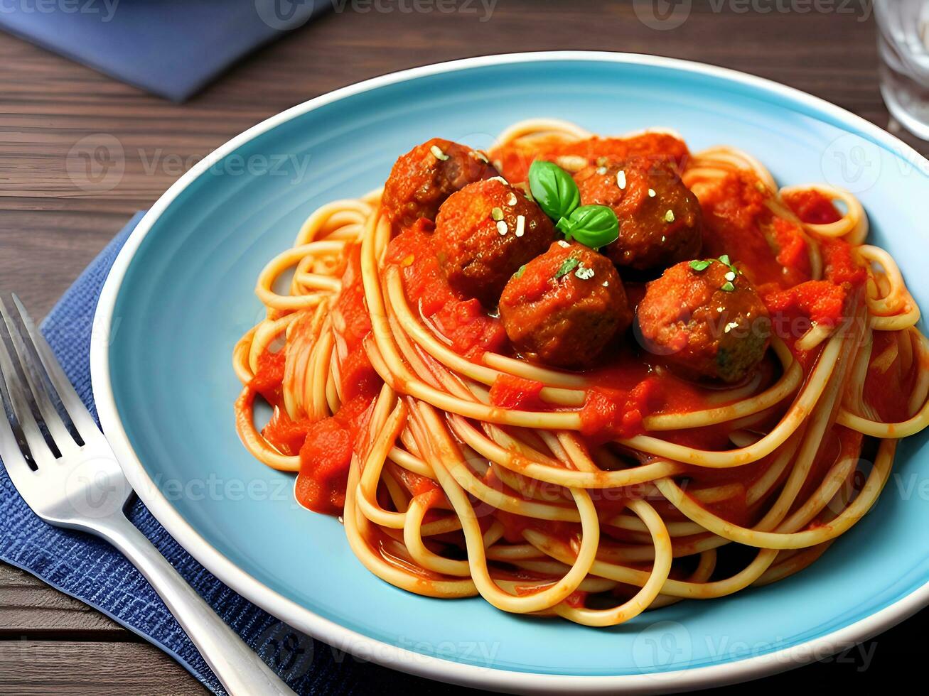 Spaghetti with meatballs and tomato sauce in  plate on wooden table. AI Generative photo