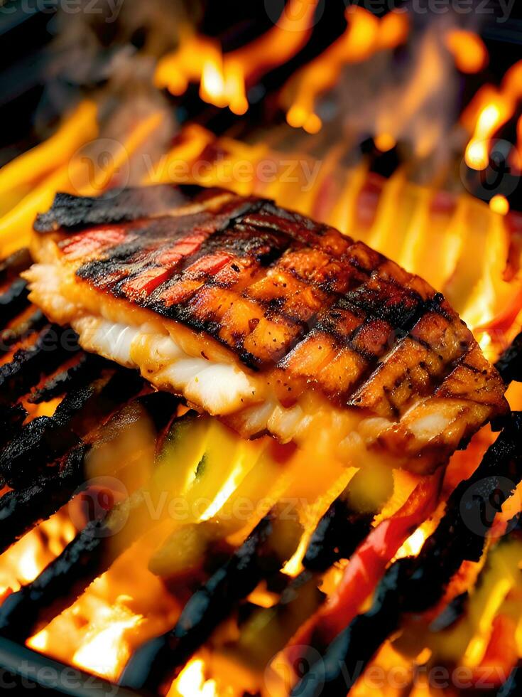 A la parrilla salmón filete en el parrilla con llamas en el antecedentes. ai generativo foto