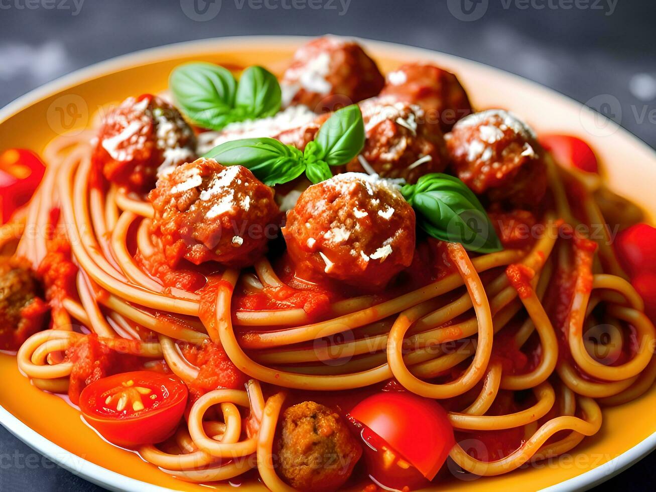 Spaghetti with meatballs and tomato sauce in  plate on wooden table. AI Generative photo