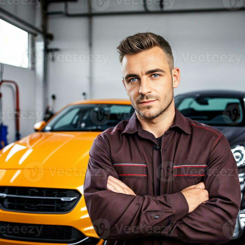mechanic man standing with crossed arms in car repair shop. AI Generative photo