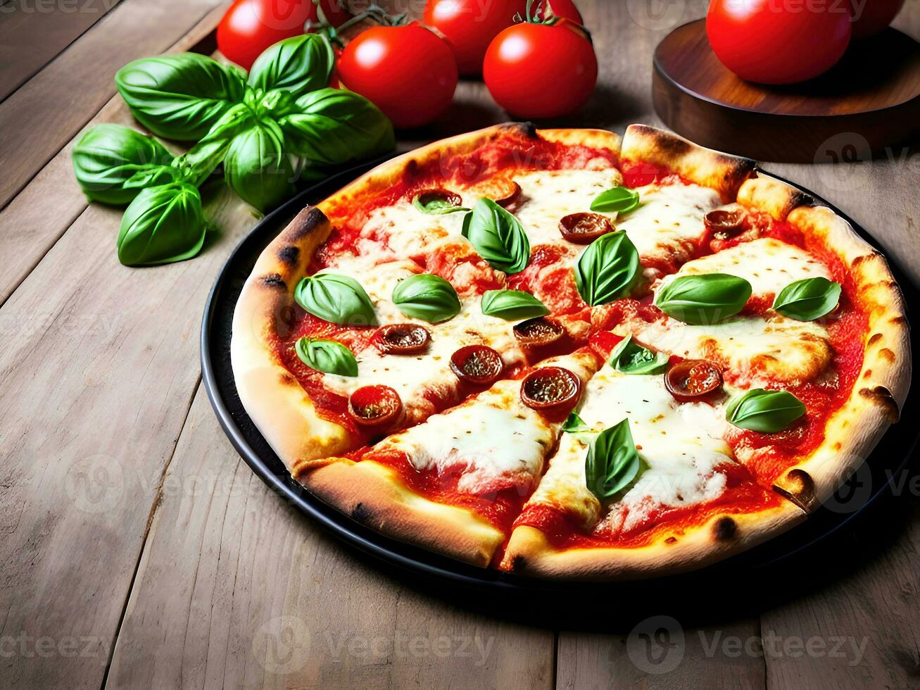Pizza with mozzarella, tomatoes and basil on wooden table. AI Generative photo