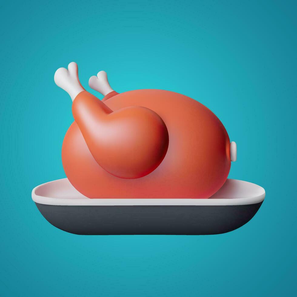 Roast turkey, 3d cartoon vector icon. Thanksgiving turkey 3d model. Christmas roast chicken 3d cartoon vector illustration