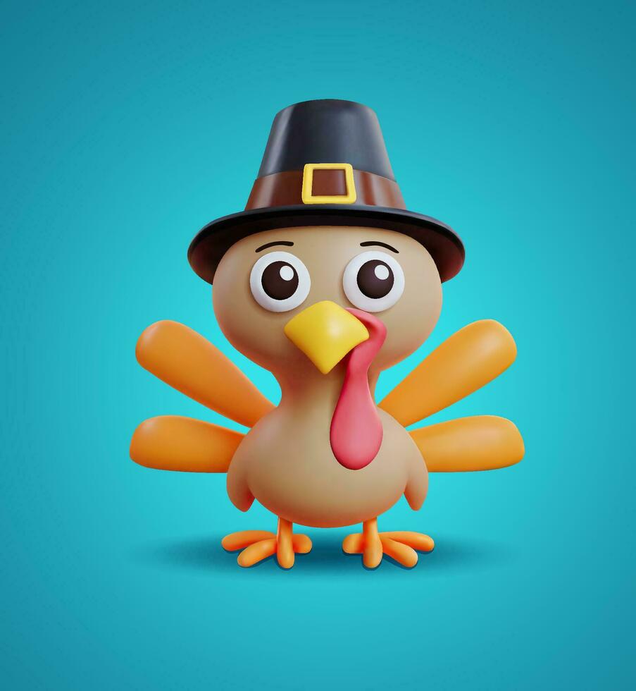 Cute Turkey character 3d render. 3d rendered cartoon vector illustration. Little turkey in pilgrim hat