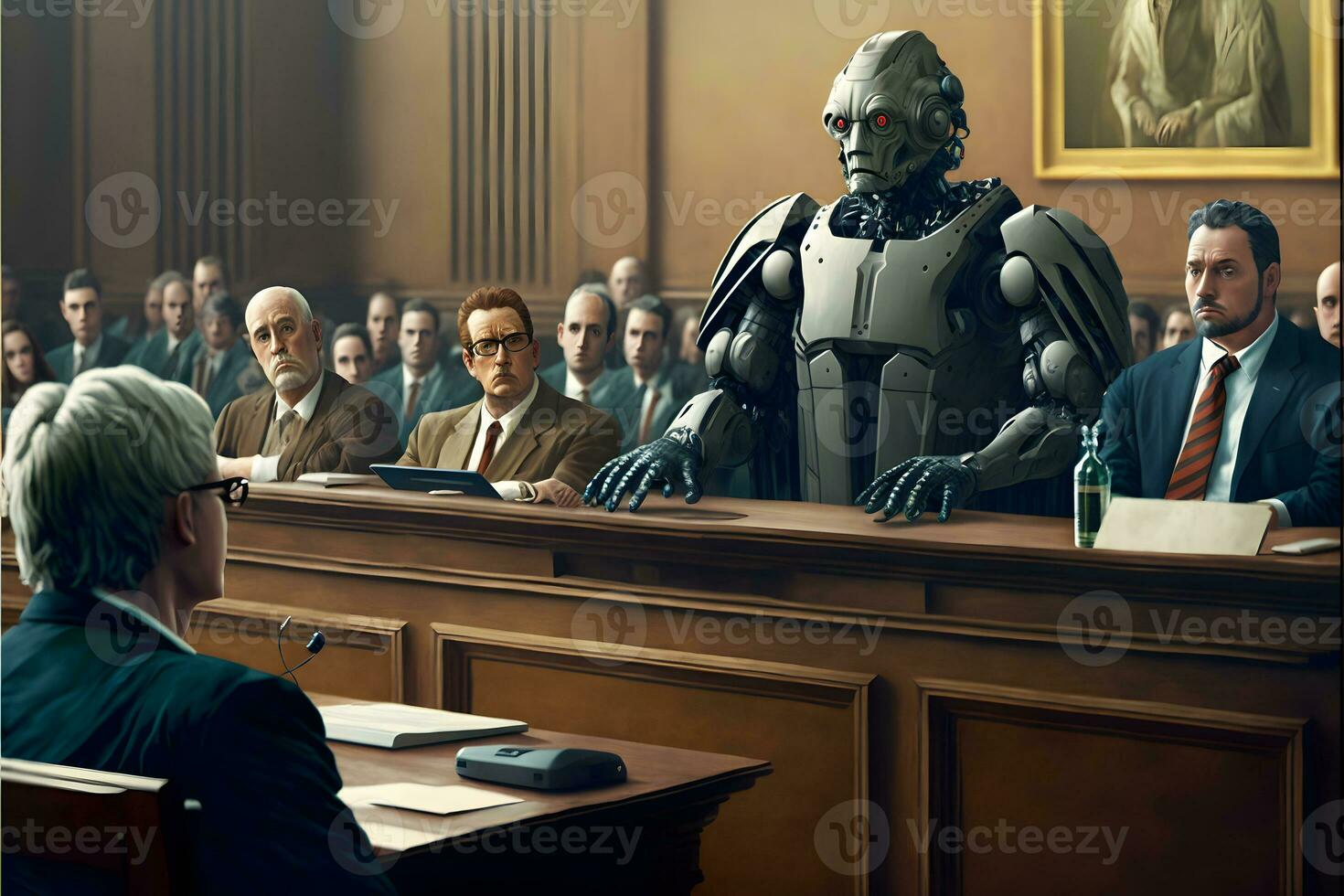 Anthropomorphic robot in human court, neural network generated art, AI law concept photo