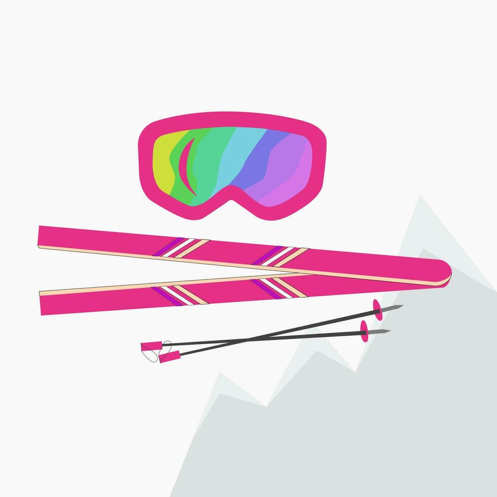 sports set, glasses rainbow, skis. snowy slope, fast descent. can be used for postcards, posters and posters vector