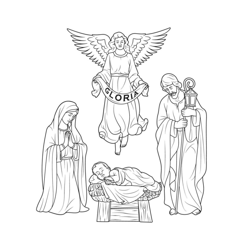 Holy Family, Jesus, Mary and Joseph, with Angel in Christmas Nativity Scene Monochrome Outline Vector Illustration