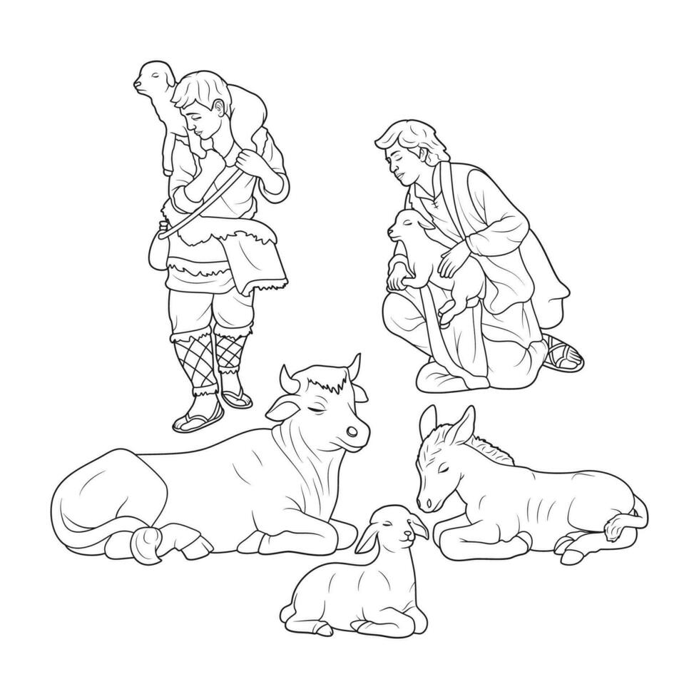 Bethlehem Shepherds and Animals in the Christmas Nativity Scene Vector Illustration Monochrome Outline