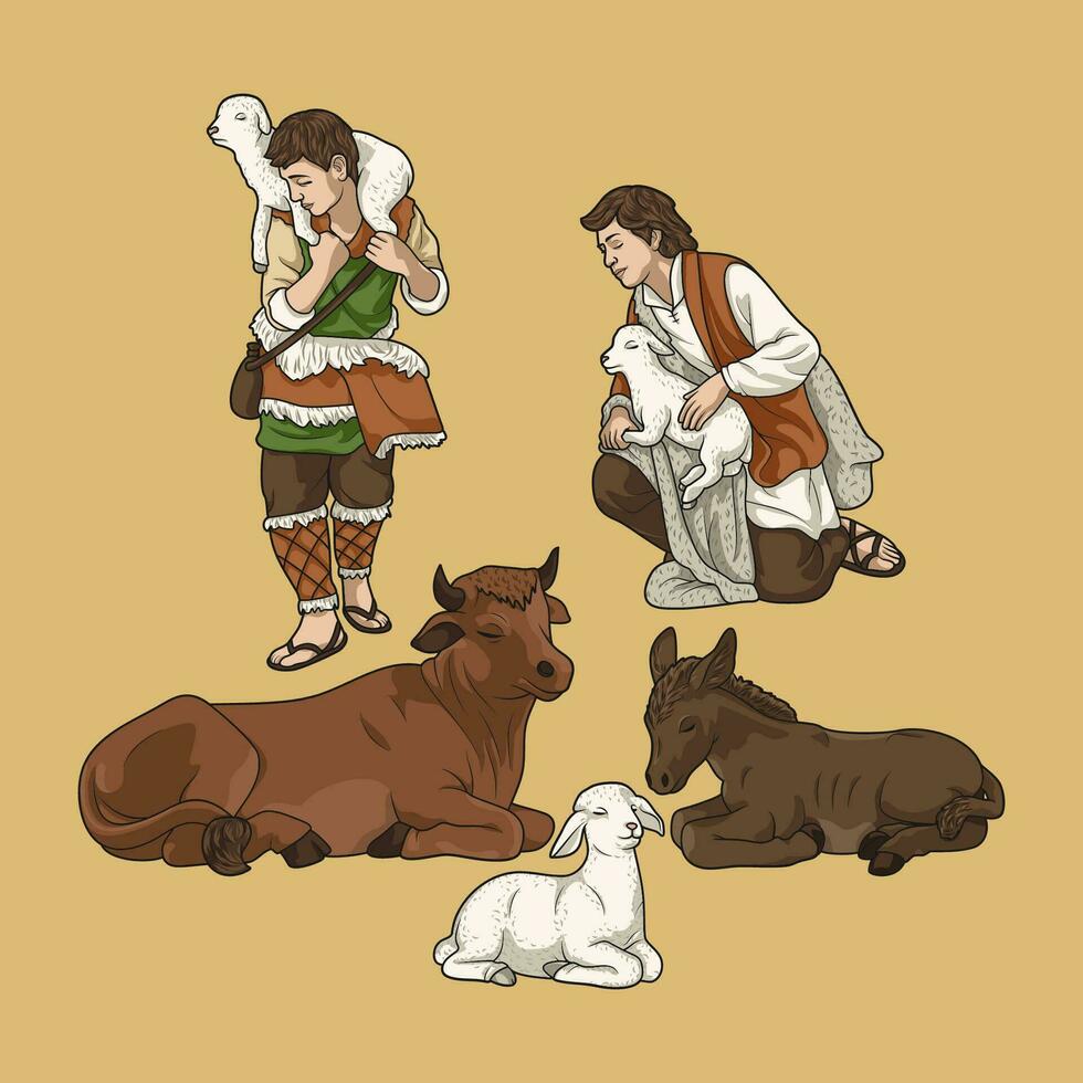 Bethlehem Shepherds and Animals in Christmas Nativity Scene Colorful Vector Illustration