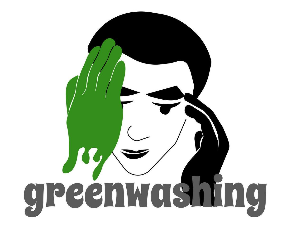 Greenwashing concept, idea showing falsehood of environmental measures, man covers himself with green hand symbolism vector