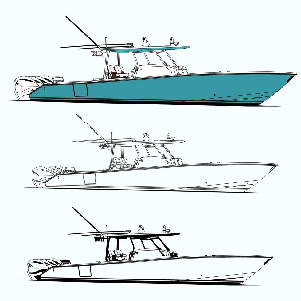 Side view fishing boat vector line art illustration.