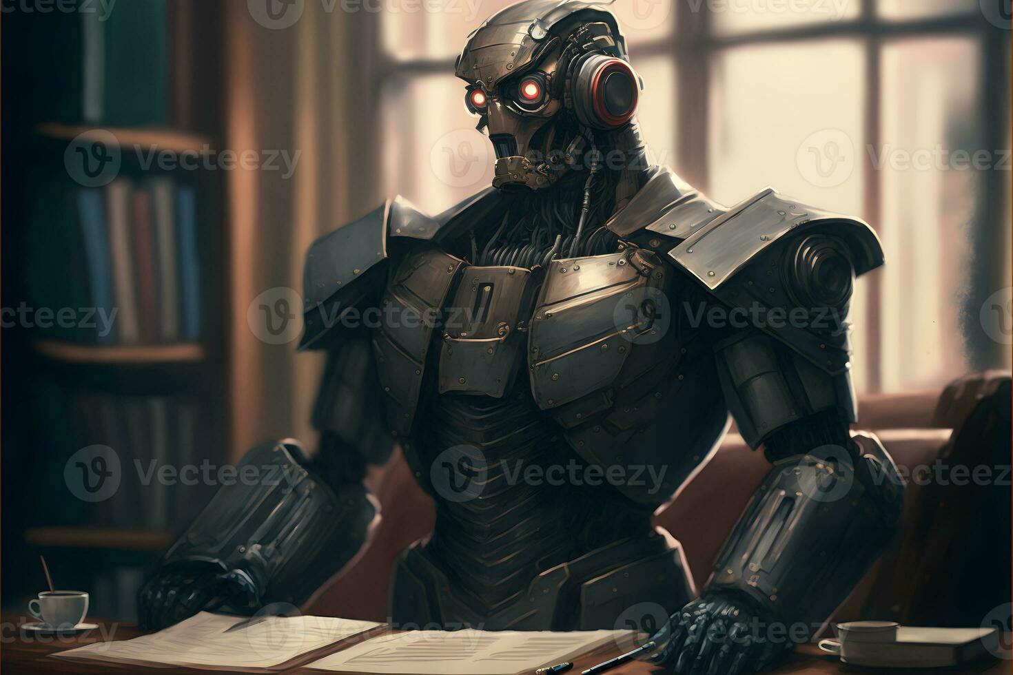 Anthropomorphic robot in human court, neural network generated art, AI law concept photo
