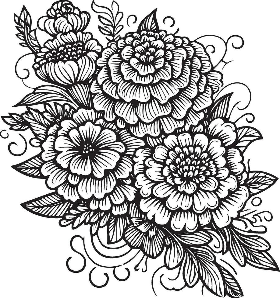 Set of decorative stylized marigold flower isolated on white background. Highly detailed vector illustration, doodling and zentangle style, tattoo design, october birth marigold tattoo designs