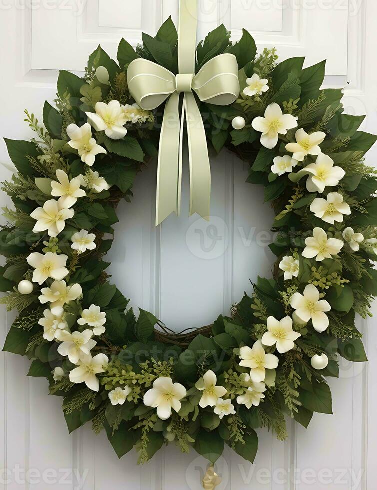 Green natural wreath on white. Illustration AI Generative photo