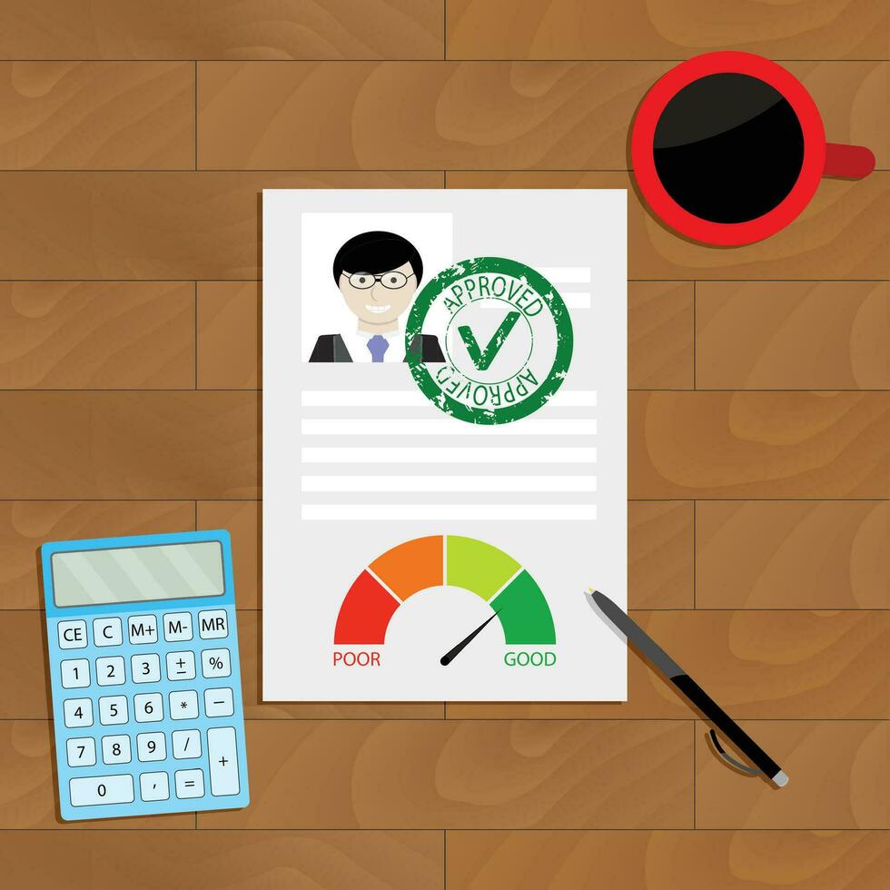 Approved credit document. Vector business mortgage application with stamp check, agreement personal financial contract approved illustration