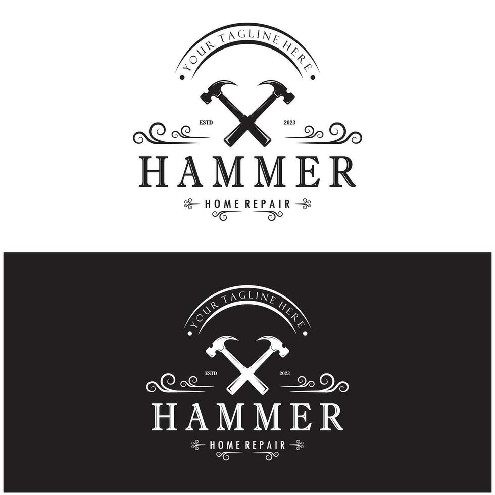 retro vintage crossed hammer and nail logo for home repair services, carpentry, badges, builders, woodworking, construction, vector