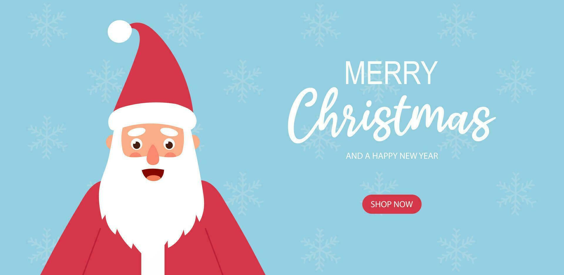 Merry Christmas and Happy New Year banner with cute smiling Santa Claus character. Holiday card, blue banner, web poster. Cartoon flat vector illustration