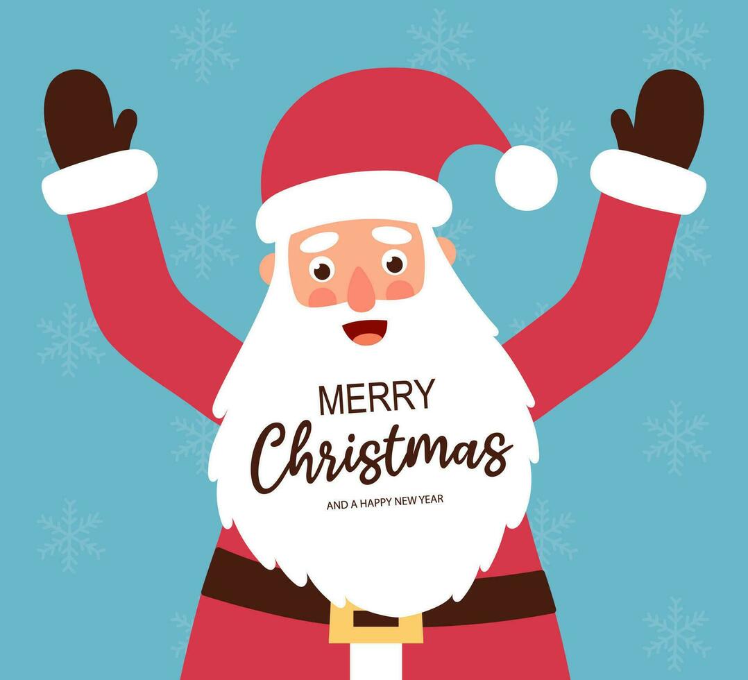 Cute smiling Santa Claus character with inscription Merry Christmas on beard. Happy New Year lettering. Holiday greeting card. Cartoon flat vector illustration