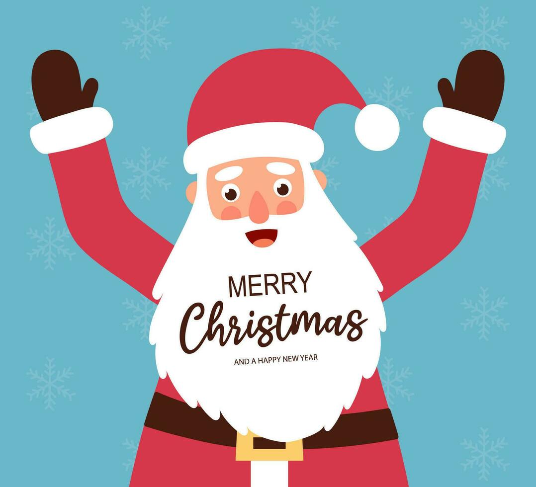 linda sonriente Papa Noel claus personaje con inscripción alegre Navidad en barba. contento nuevo año letras. fiesta saludo tarjeta. dibujos animados plano vector ilustración