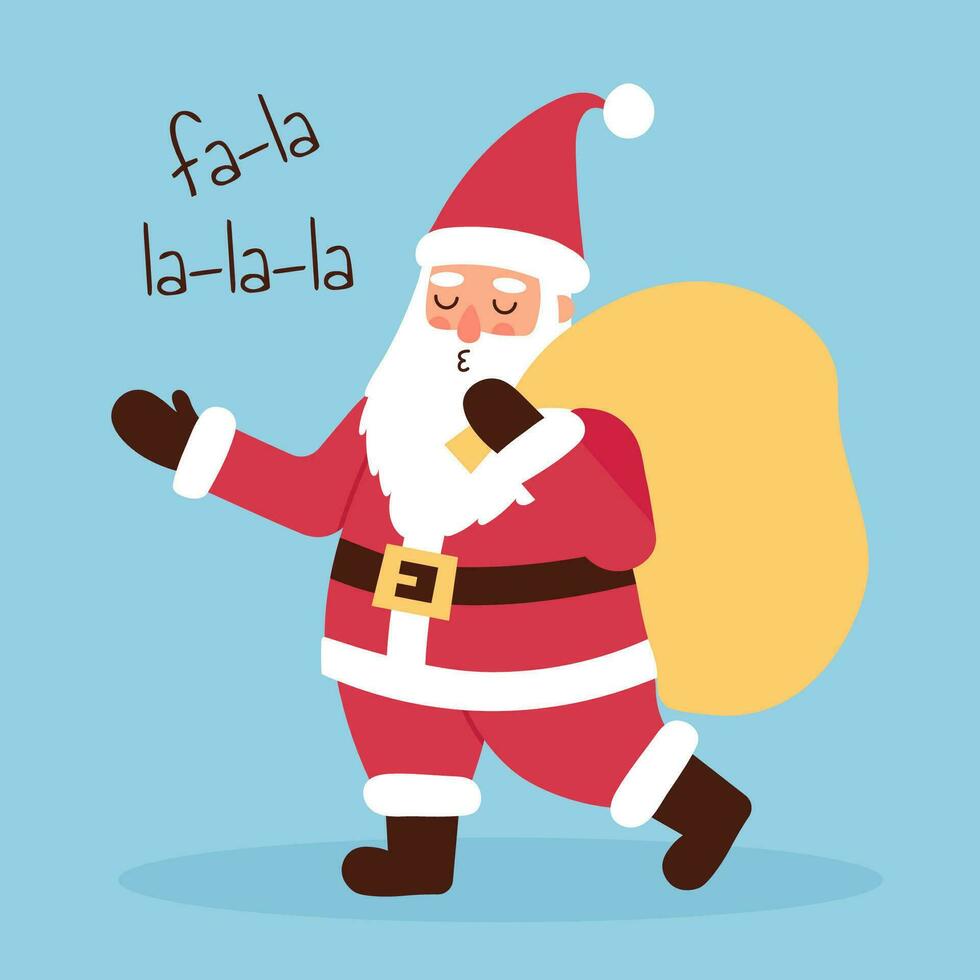 linda contento Papa Noel claus lleva amarillo bolso con regalos y canta canción fa-la-la-la. dibujos animados plano vector ilustración en azul antecedentes
