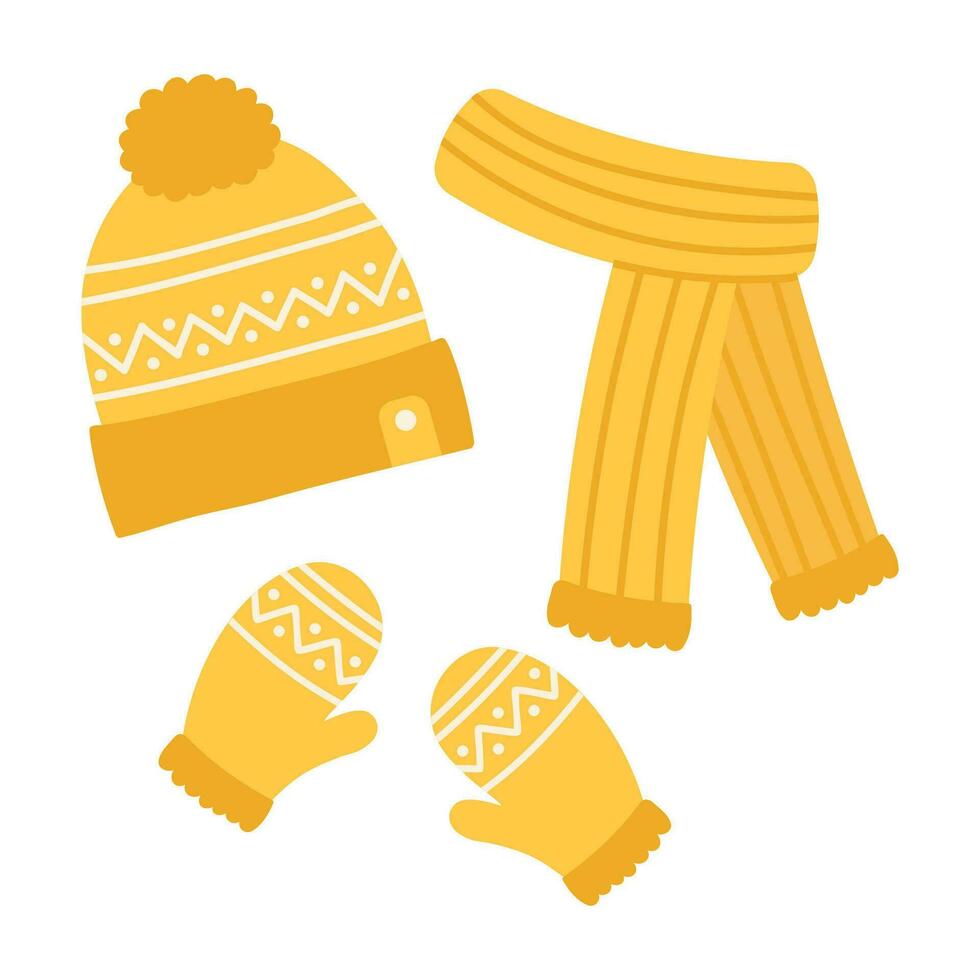 Winter yellow knitted hat with pompoms, scarf and mittens with scandinavian pattern. Cartoon flat vector illustration