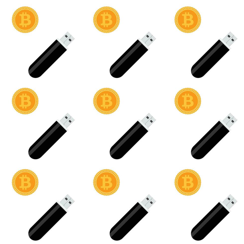 Bitcoin storage seamless pattern. Vector money bitcoin and usb stick flash driver illustration