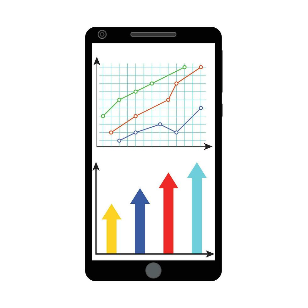 Chart and graphic on smartphone screen. Vector smartphone chart and graph, business illustration report data