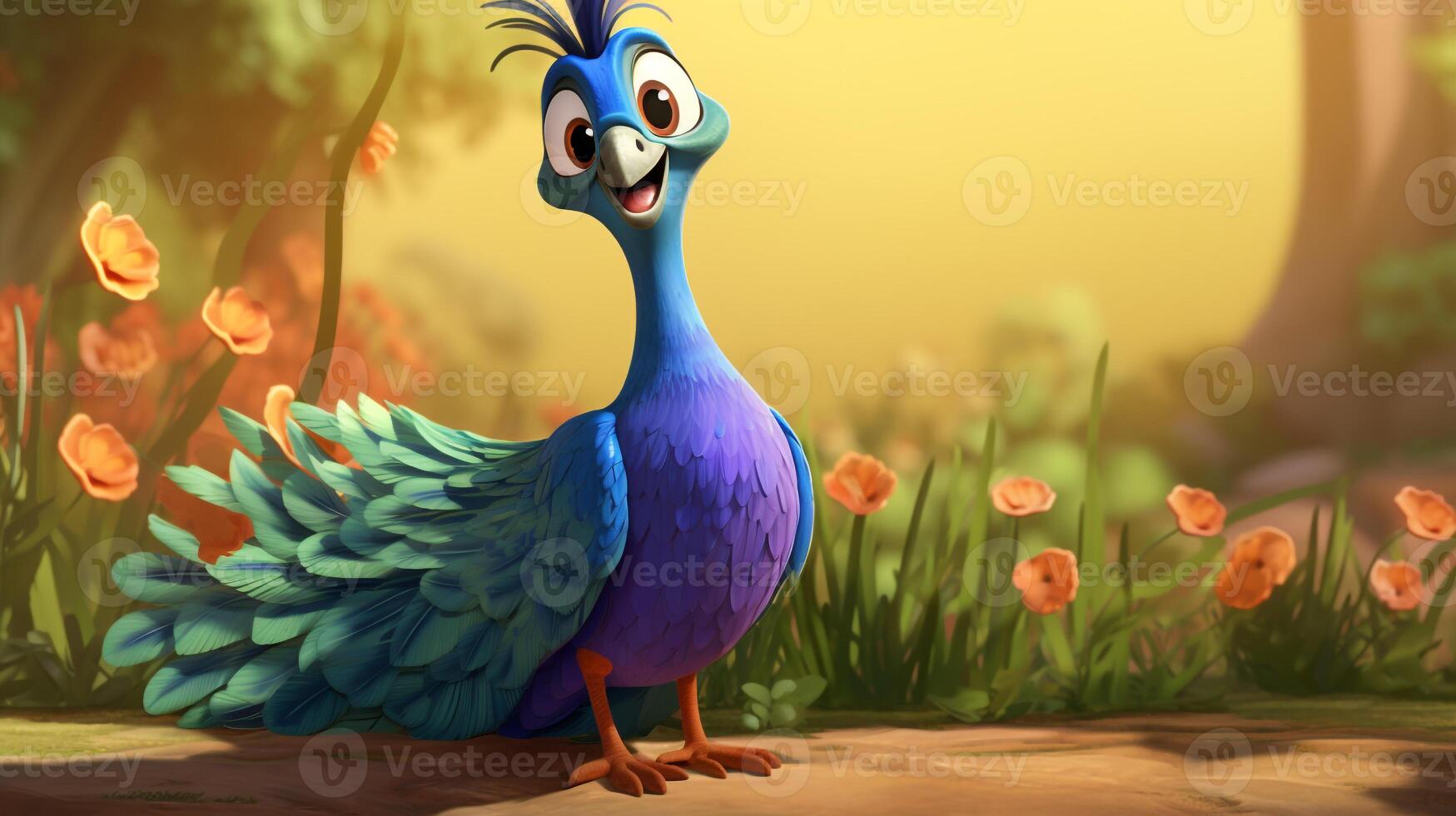 a cute little Peacock in Disney cartoon style. Generative AI photo