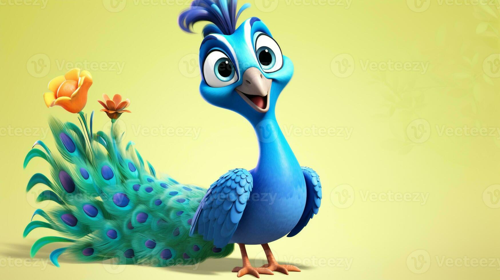 a cute little Peacock in Disney cartoon style. Generative AI photo