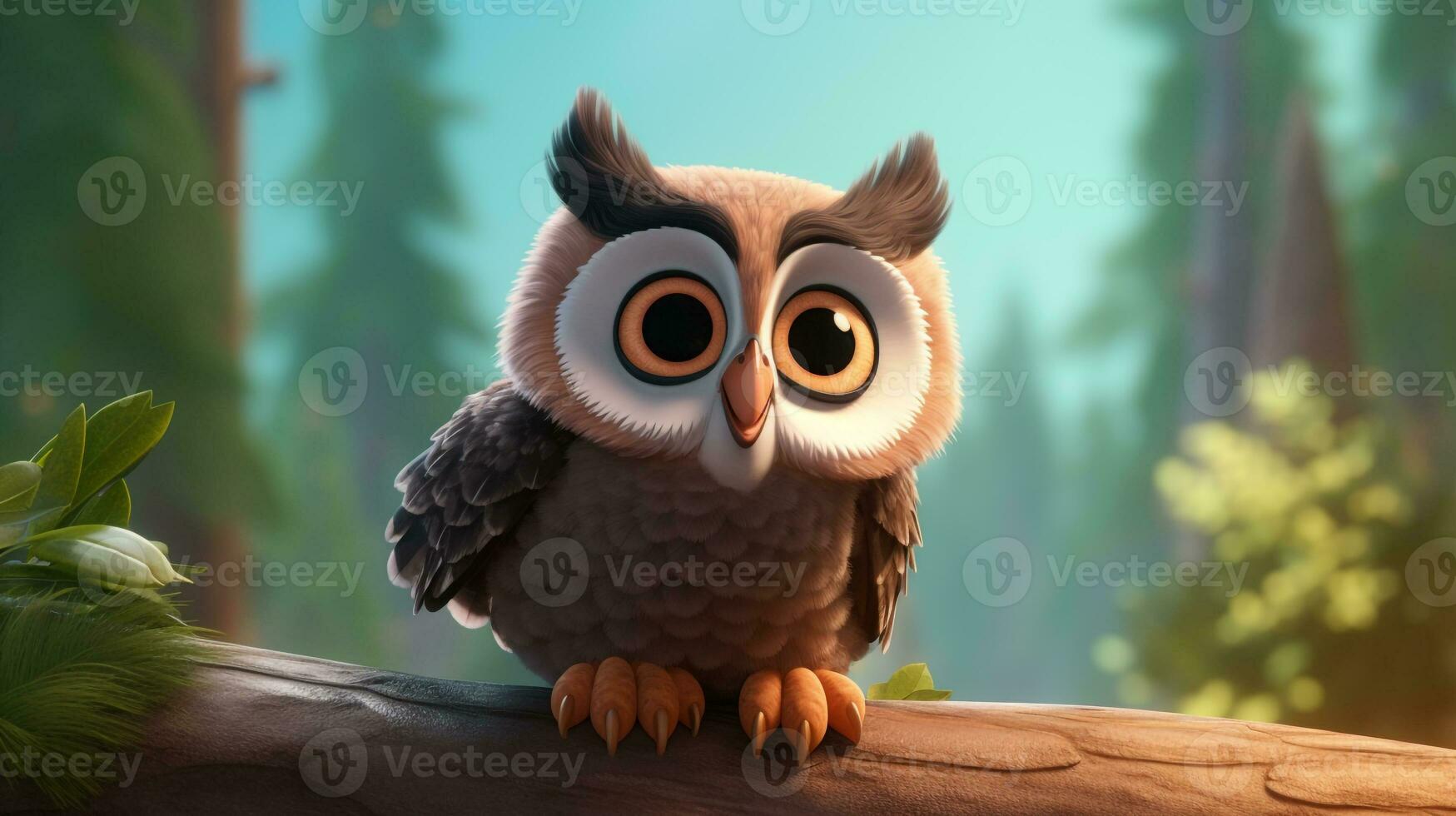 a cute little Great Horned Owl in Disney cartoon style. Generative AI photo