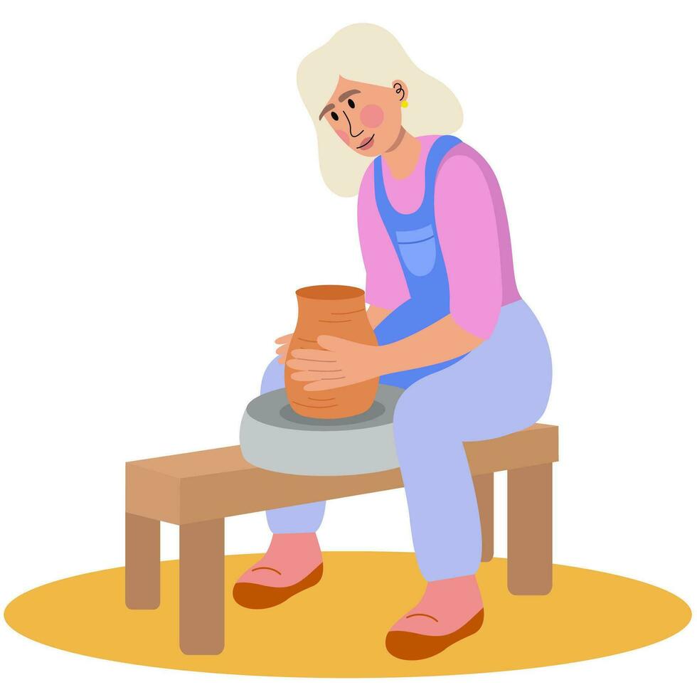 The young woman potter makes a ceramic pot. Ceramic craft master, pottery hobby. vector