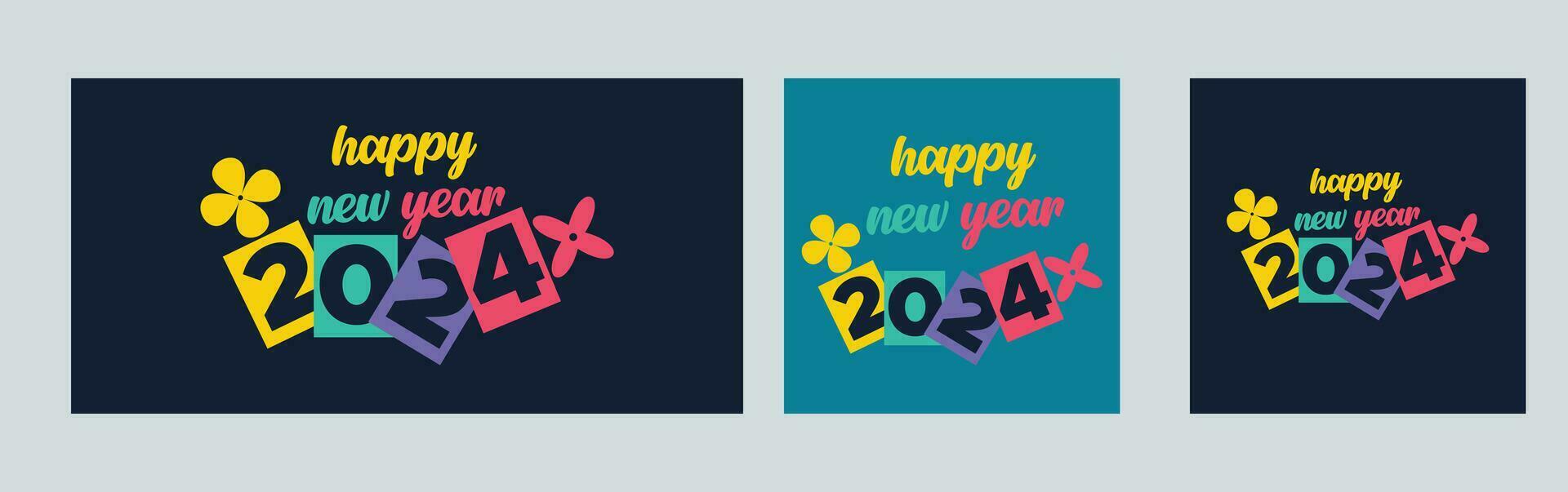 Happy New Year 2024 with colorful Minimalistic trendy design. Happy New Year 2024 square template. greeting background designs, New Year, and social media promotional content. Vector illustration