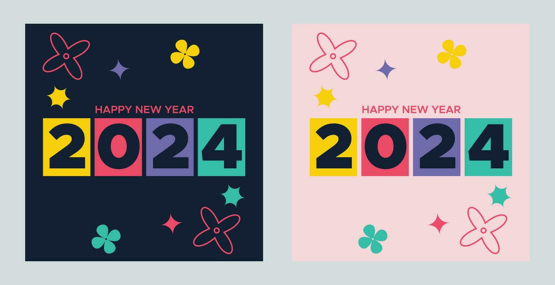 Happy New Year 2024 with colorful Minimalistic trendy design. Happy New Year 2024 square template. greeting background designs, New Year, and social media promotional content. Vector illustration