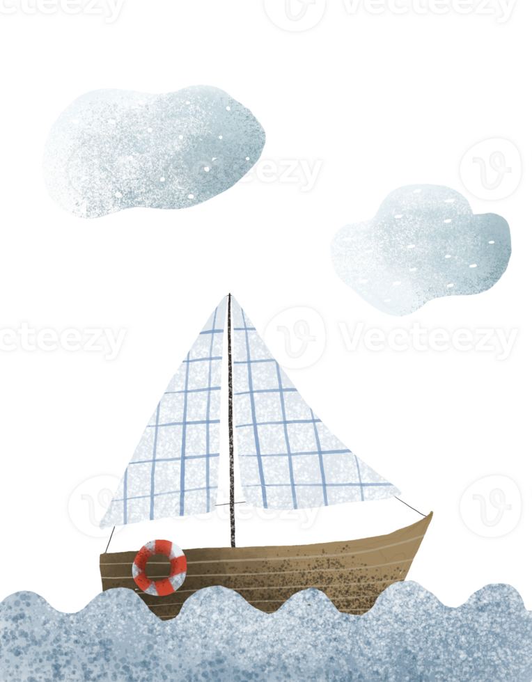 houten jacht met een wit zeilboot en een reddingsboei Aan de Open zee. water vervoer, reis, zee expeditie. afbeelding voor jongens. hand- getrokken illustratie, geïsoleerd ontwerp voor afdrukken, textiel, stickers png