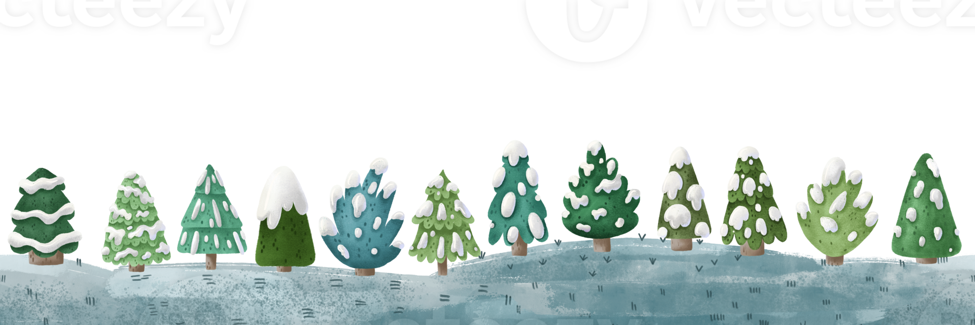 Evergreen trees in snow seamless border pattern. Childish decorative