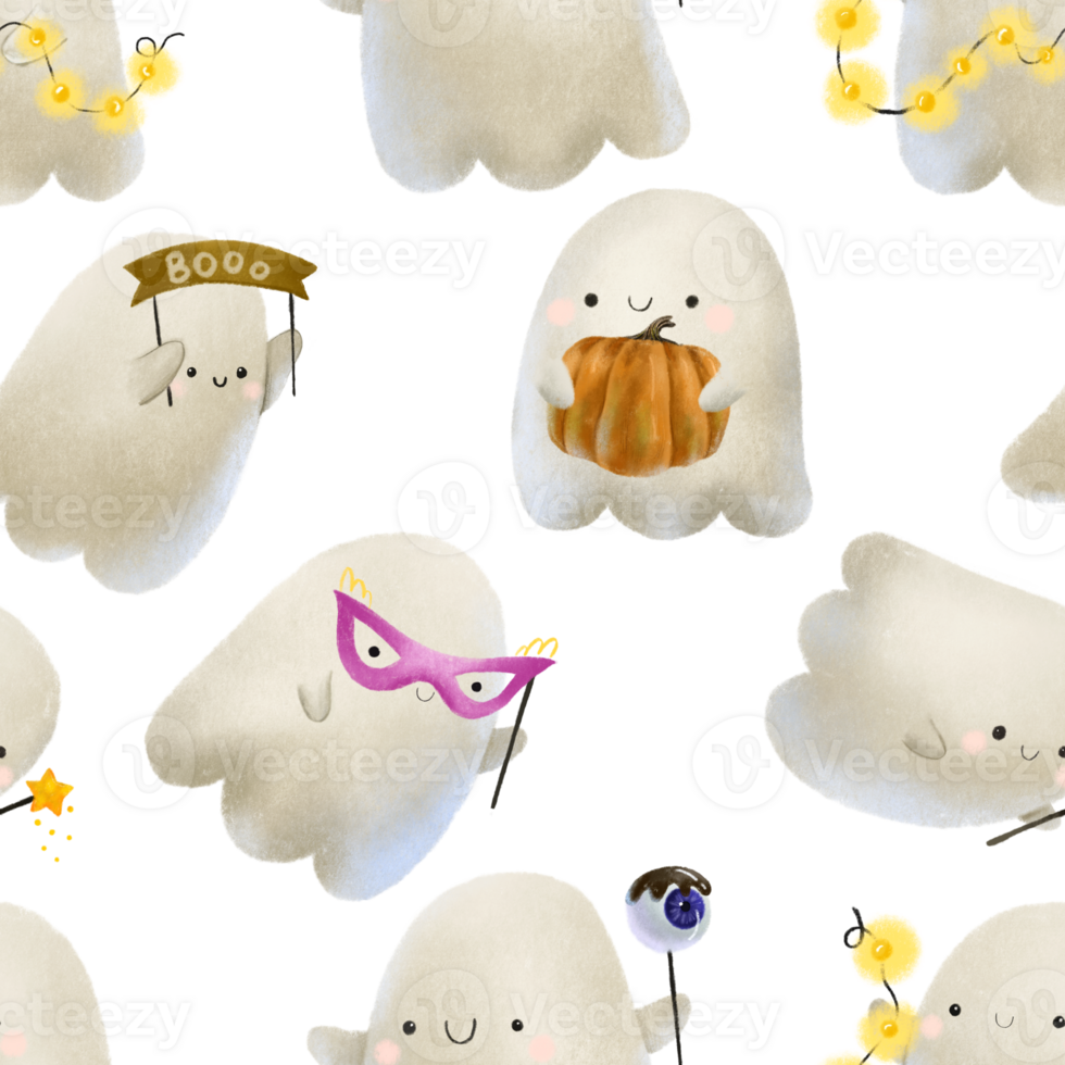 Scary illustration for Halloween with ghosts. Childish seamless pattern with cartoon ghosts. Isolated design png