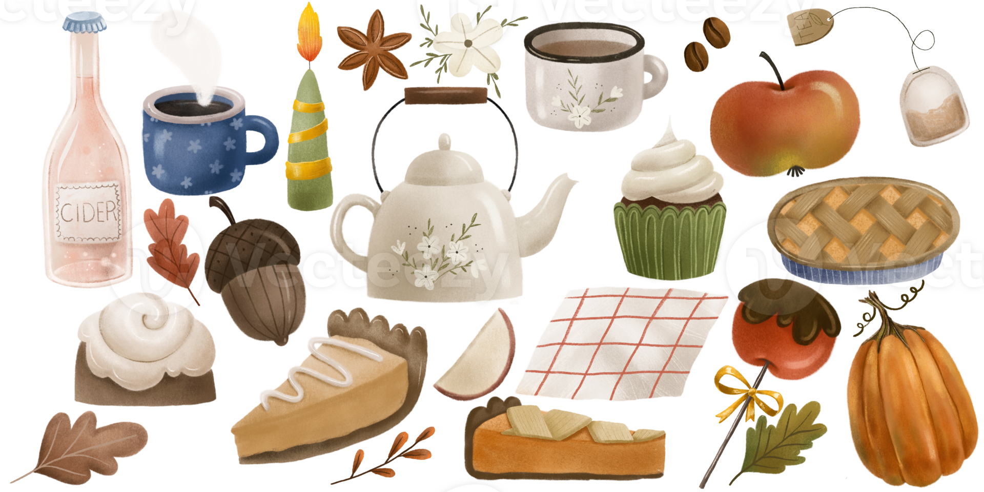 hygge cozy set with autumn isolated elements. Set of fall leaves kettle, cup of coffee, candle, cakes, pie, bottle of cider. November mood. Thanksgiving. Fall hand drawn isolated elements png