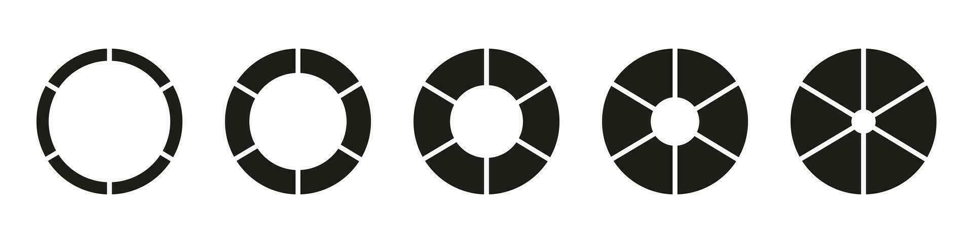 Donut charts, pies segmented on 6 equal parts. Wheels round divided in six sections. Diagrams infographic set. Circle section graph. Pie chart icon. Geometric elements. Vector silhouette illustration.