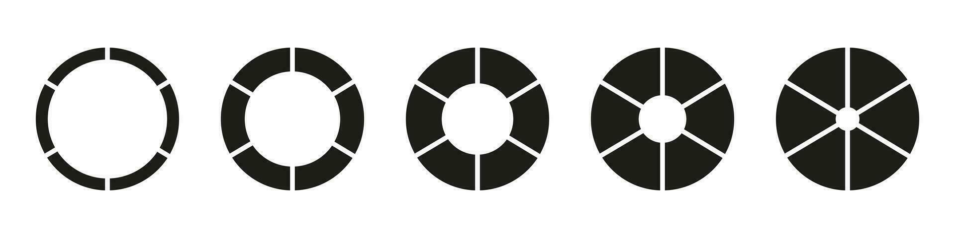 rosquilla gráficos, pasteles segmentario en 6 6 igual partes. ruedas redondo dividido en seis secciones. diagramas infografía colocar. circulo sección grafico. tarta gráfico icono. geométrico elementos. vector silueta ilustración.