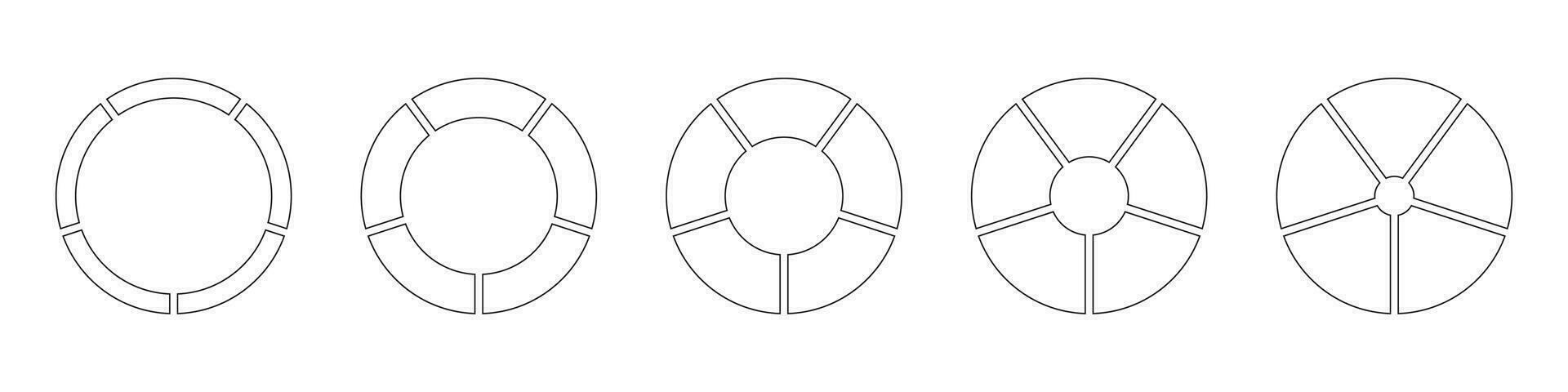 Wheels round divided in five sections. Outline donut charts, pies segmented on 5 equal parts. Diagrams infographic set. Circle section graph line art. Round pie chart icons. Geometric simple elements. vector