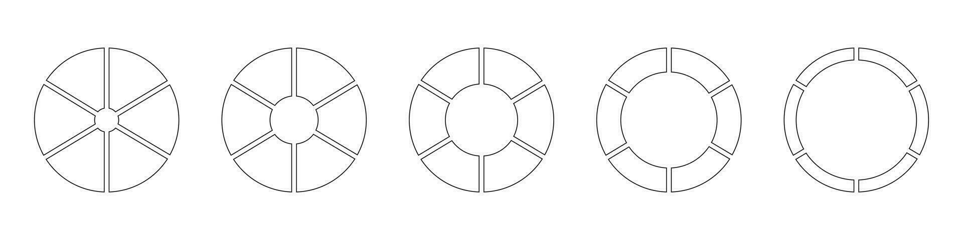 contorno rosquilla cartas o pasteles segmentario en 6 6 igual partes. ruedas redondo dividido en seis secciones. diagramas infografía colocar. circulo sección grafico línea Arte. tarta gráfico sencillo icono. geométrico vector elemento.