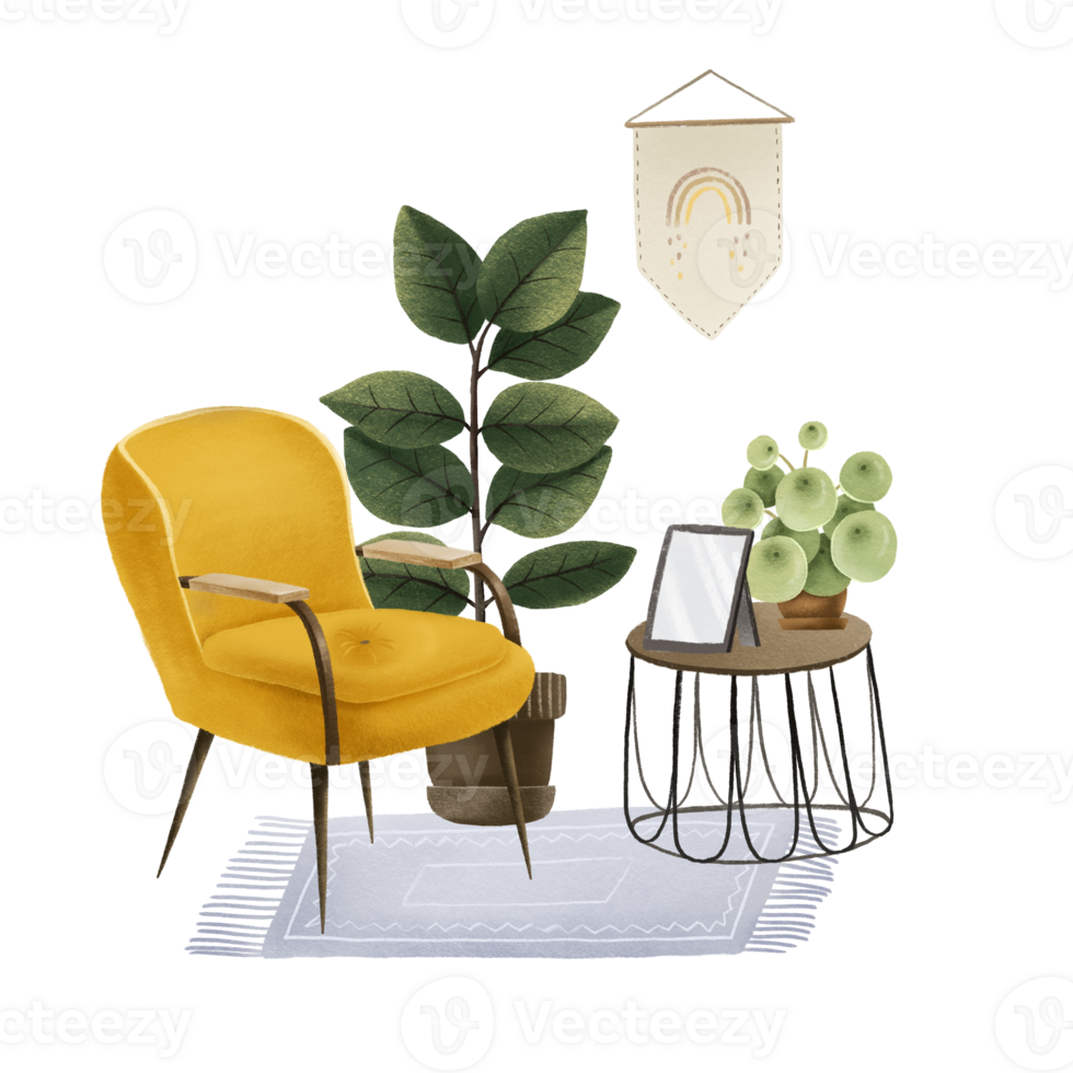 Minimalist interior with a yellow armchair and coffee table, ficus, peperomia and photo frame, carpet and painting. Scandinavian design. House plants png